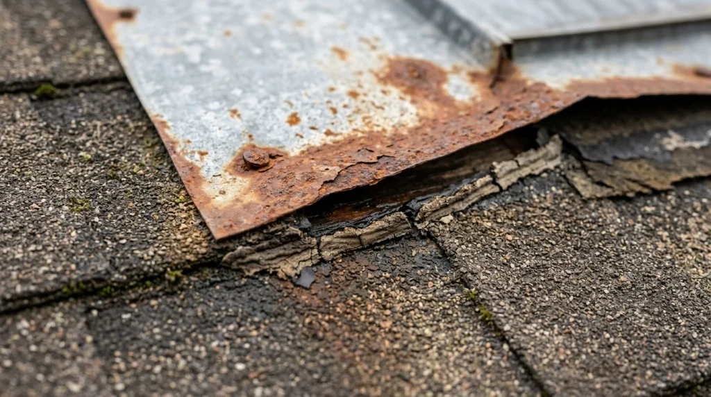 Damaged roof flashing showing signs of replacement