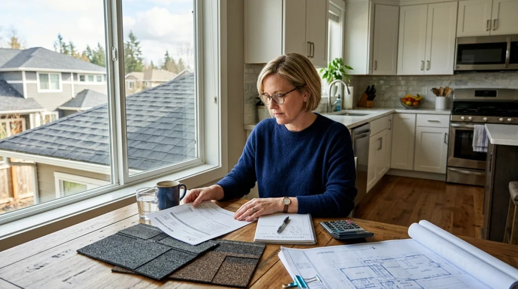 Homeowner learning how to budget for a roof replacement