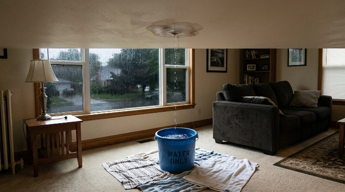 How to handle a roof leak during a storm by containing water indoors