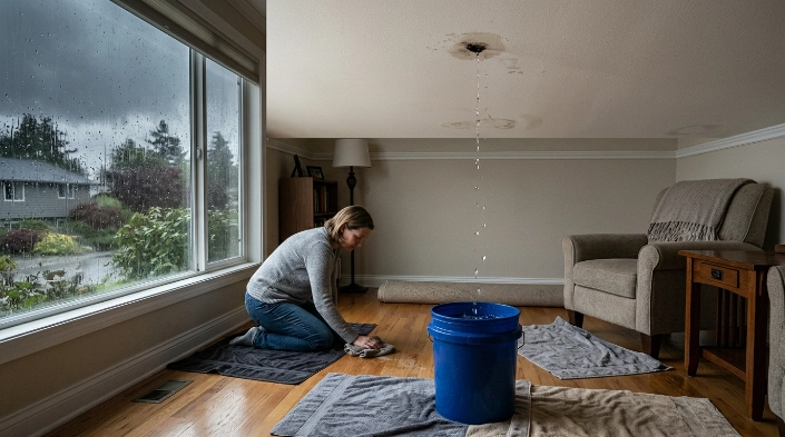  How to handle a roof leak during heavy rain inside a home