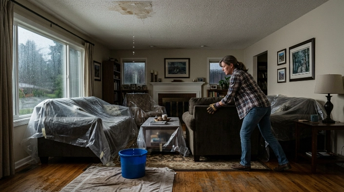 How to protect furniture from roof leak water in a living room