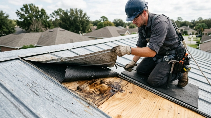 Older metal roof leak with damaged decking increasing repair cost