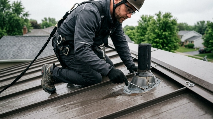 Metal roof leak inspection around seams fasteners and flashing