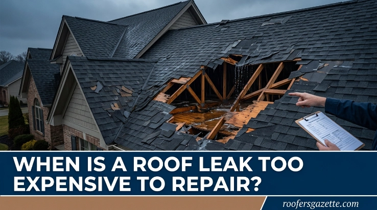 Contractor inspecting when a roof leak is too expensive to repair on a metal roof
