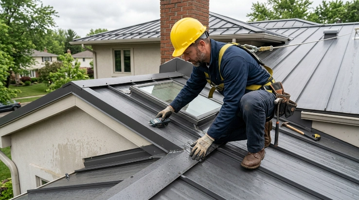 Contractor inspecting when a roof leak is too expensive to repair on a metal roof