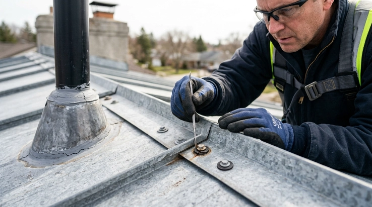 Metal roof flashing and fasteners checked to prevent roof leaks