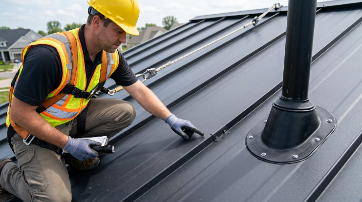 Metal roof leak prevention inspection of fasteners flashing and seams
