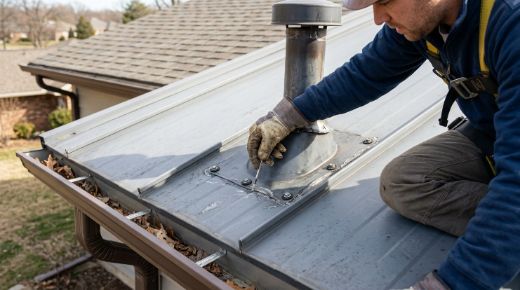 Metal roof maintenance inspection checking fasteners and flashing for leaks