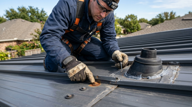 Metal roof maintenance inspection for leaks at fasteners seams and flashing
