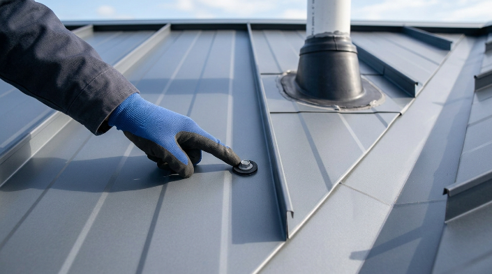 Metal roof leak prevention inspection of fasteners seams and flashing
