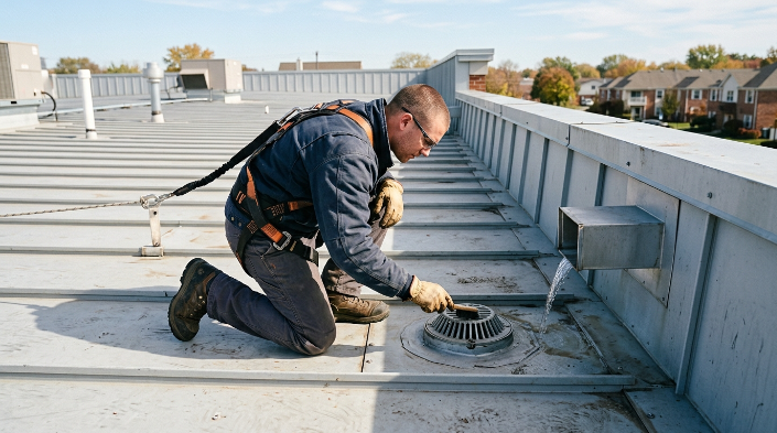 Metal roof drainage inspection to prevent ponding water and leaks