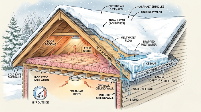  Ice dam formation causing winter roof leaks near roof eaves
