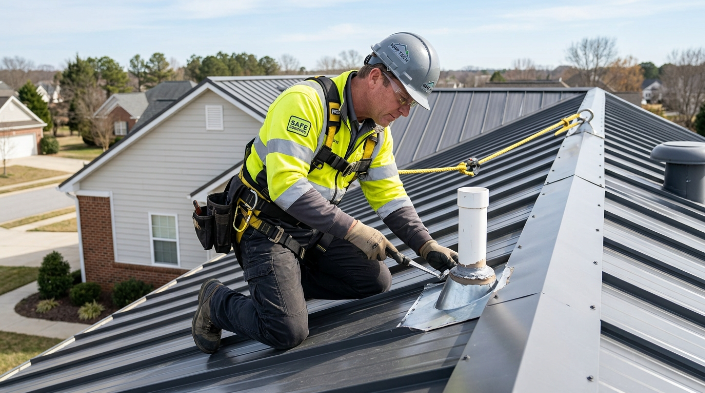 Metal roof inspection to prevent leaks during heavy rain