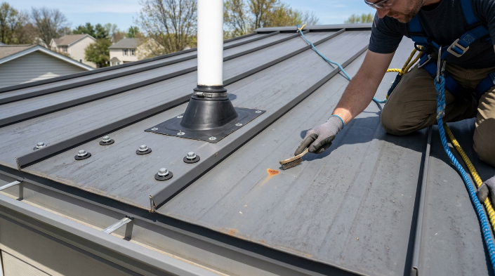 Aging metal roof maintenance inspection to prevent leaks