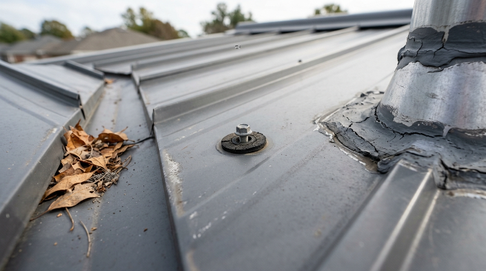Metal roof leak prevention maintenance showing fasteners flashing and sealant