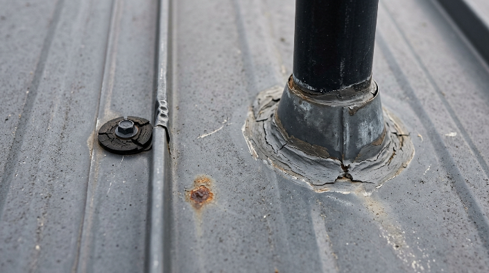 Metal roof leak warning signs around fasteners flashing and seams
