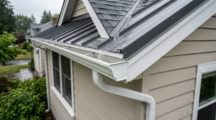How can gutters help prevent roof leaks by directing rainwater away from roof edges