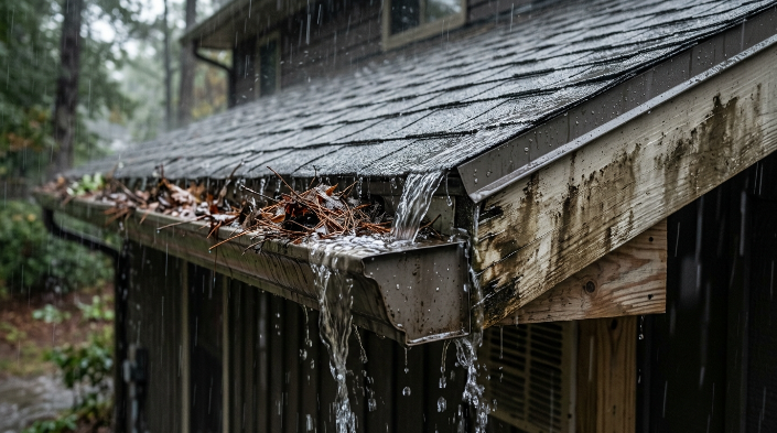 Clogged gutter causing water overflow near roof edge and fascia