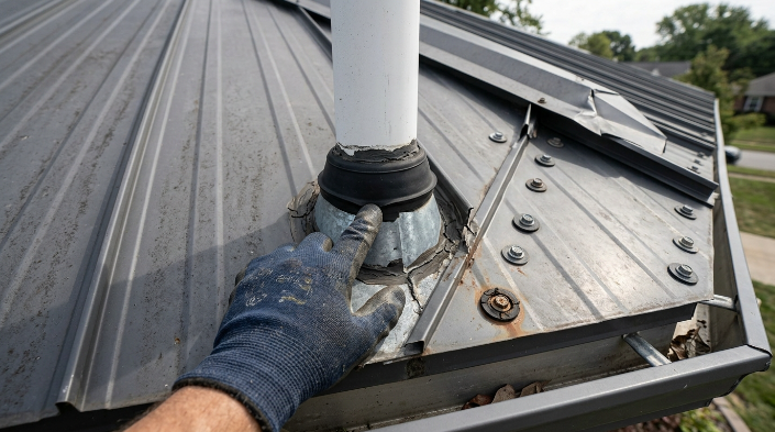 Metal roof leak inspection showing fasteners flashing seams and penetrations
