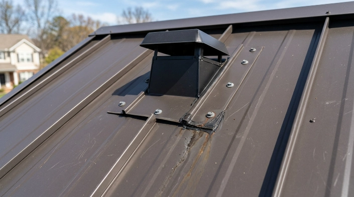 Common causes of an emergency metal roof leak around flashing and fasteners