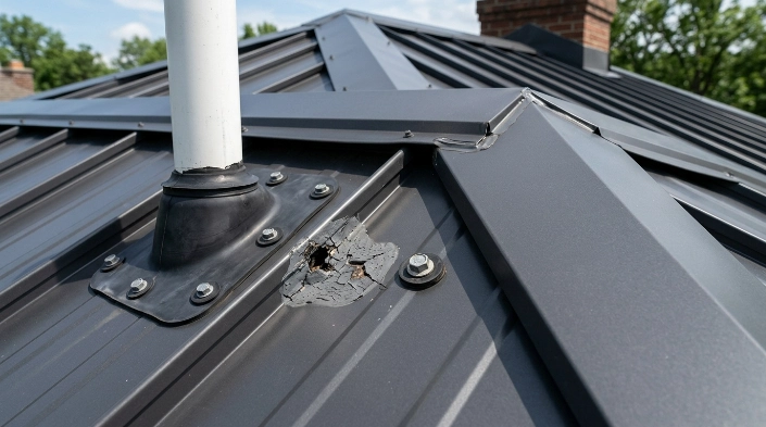 Temporary metal roof leak repair locations around seams fasteners and flashing