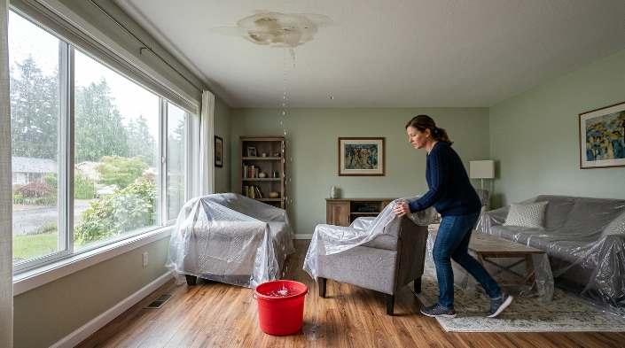 How to Protect Your Home During a Roof Leak with a bucket catching water indoors
