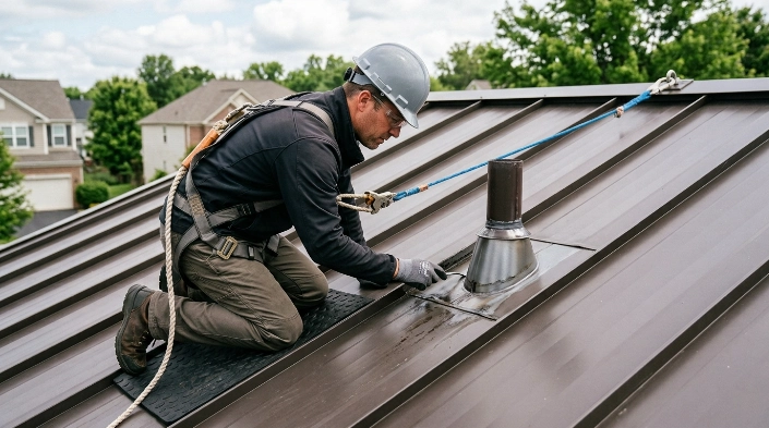 roofing contractor inspecting metal roof leak around flashing and fasteners
