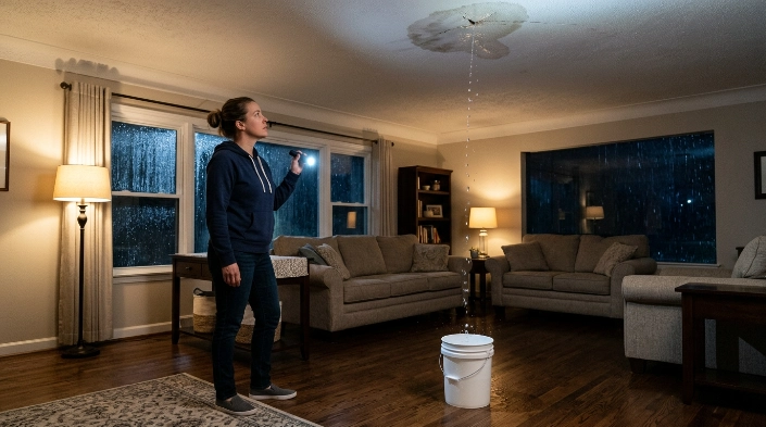 What should you do if your roof is leaking at night during heavy rain