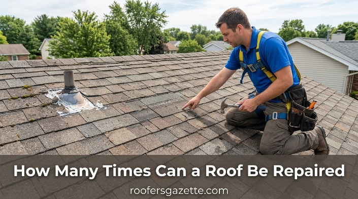 Roofer inspecting how many times a roof can be repaired before replacement