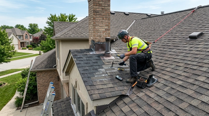 Roofer inspecting how many times a roof can be repaired before replacement
