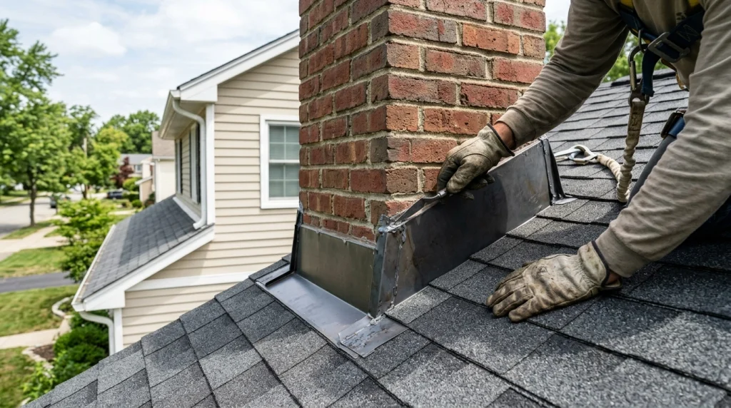 Roof flashing replacement around a residential chimney