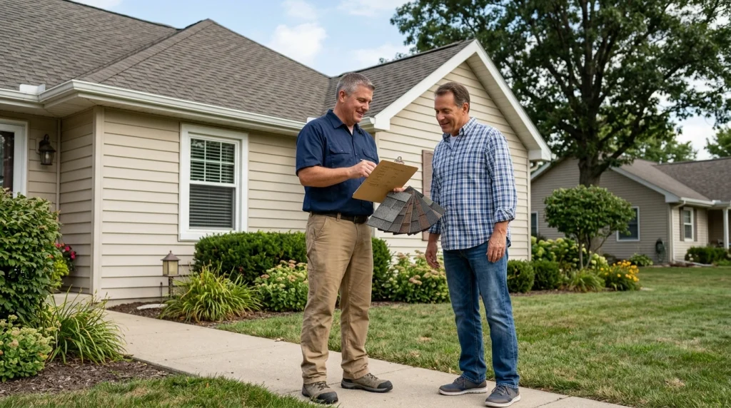 Roofing contractor discussing roof replacement savings and material choices with homeowner