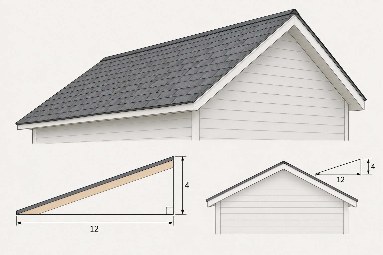 Diagram showing a 4/12 roof pitch with 4 inches of rise over 12 inches of run
