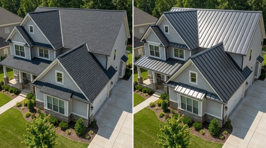 Asphalt shingles vs metal roofing for replacement comparison showing two residential roof styles.