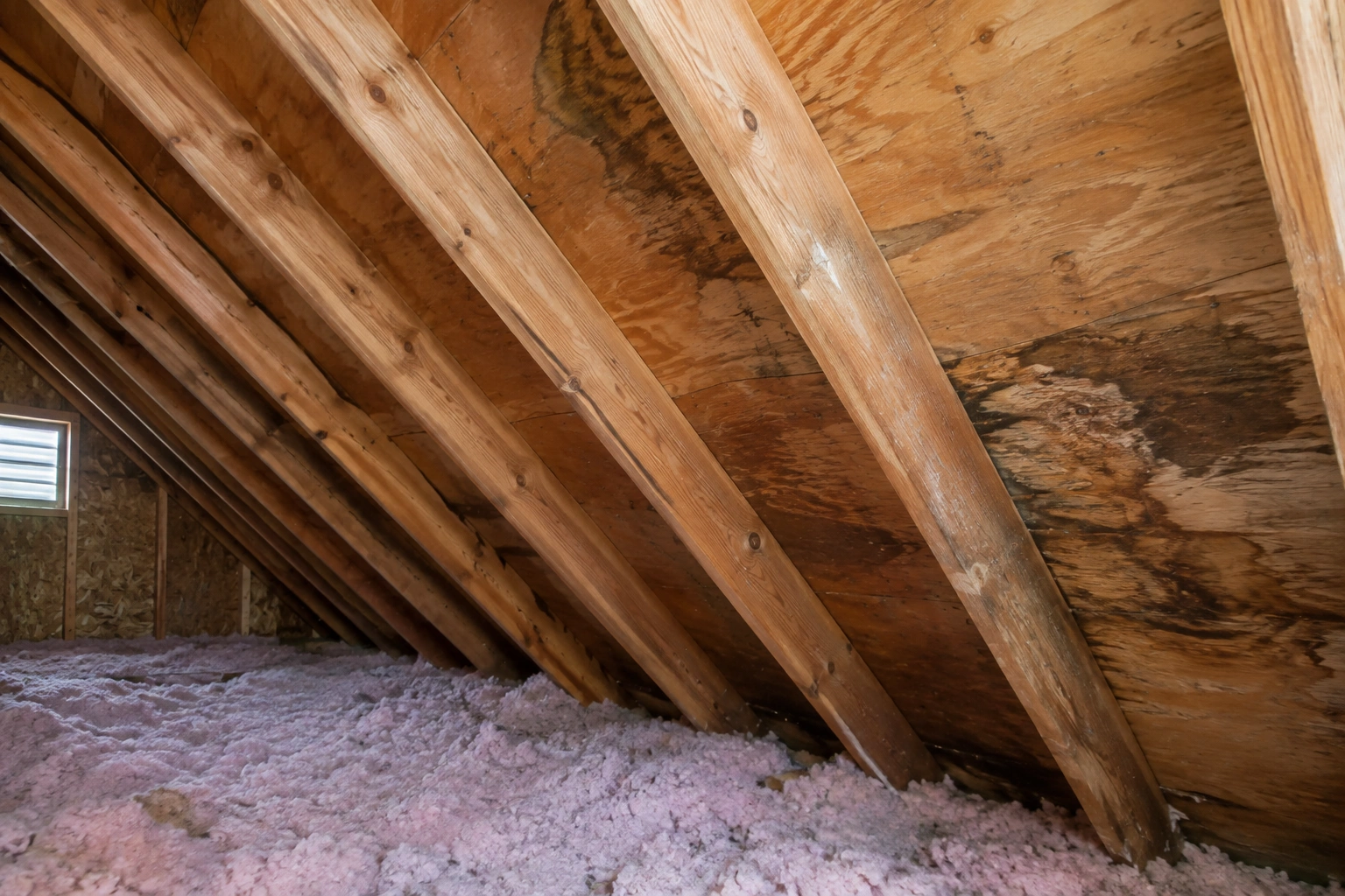 Attic framing with visible roof deck and rafters