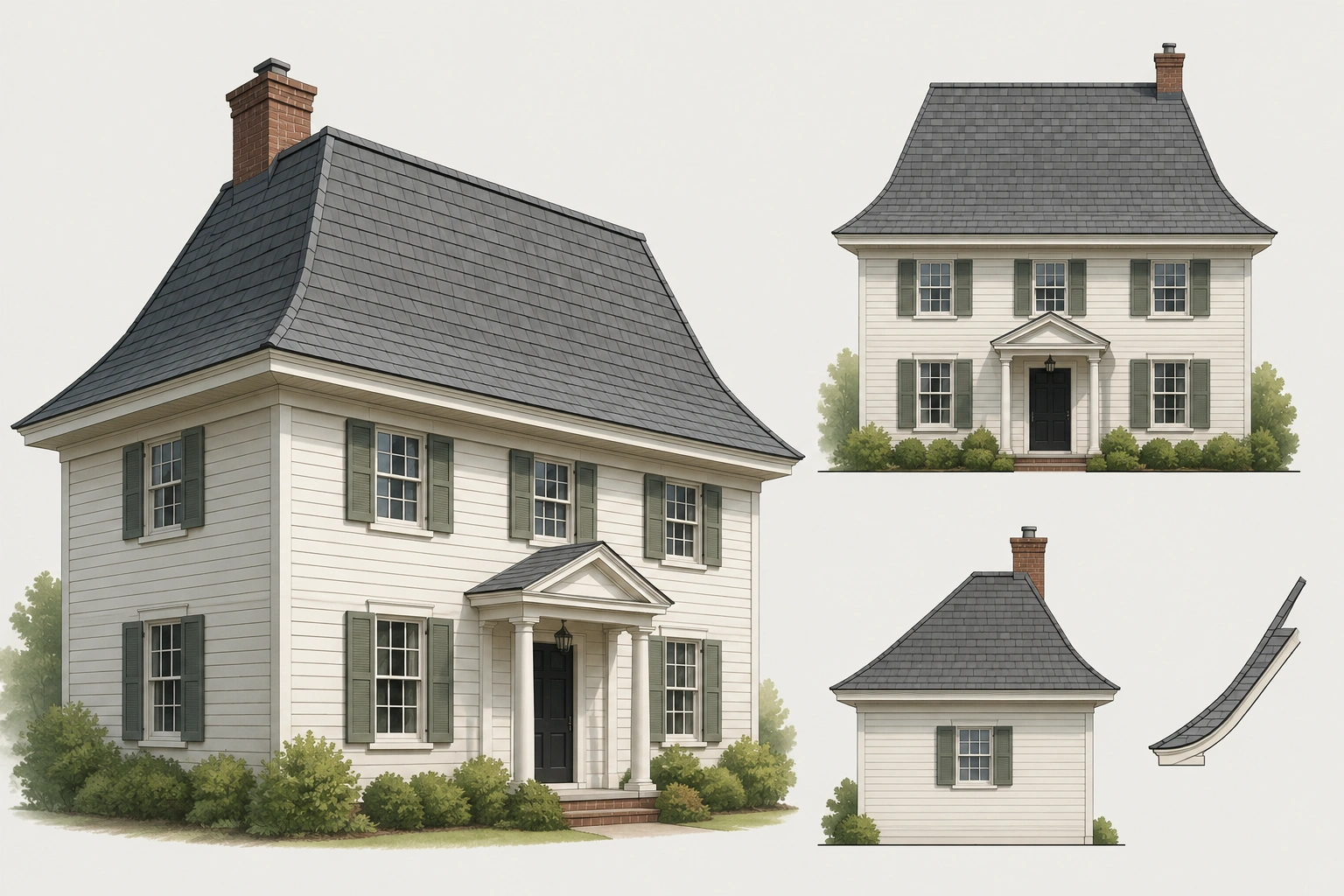 Diagram showing a bonnet roof with a flared lower slope and extended eaves