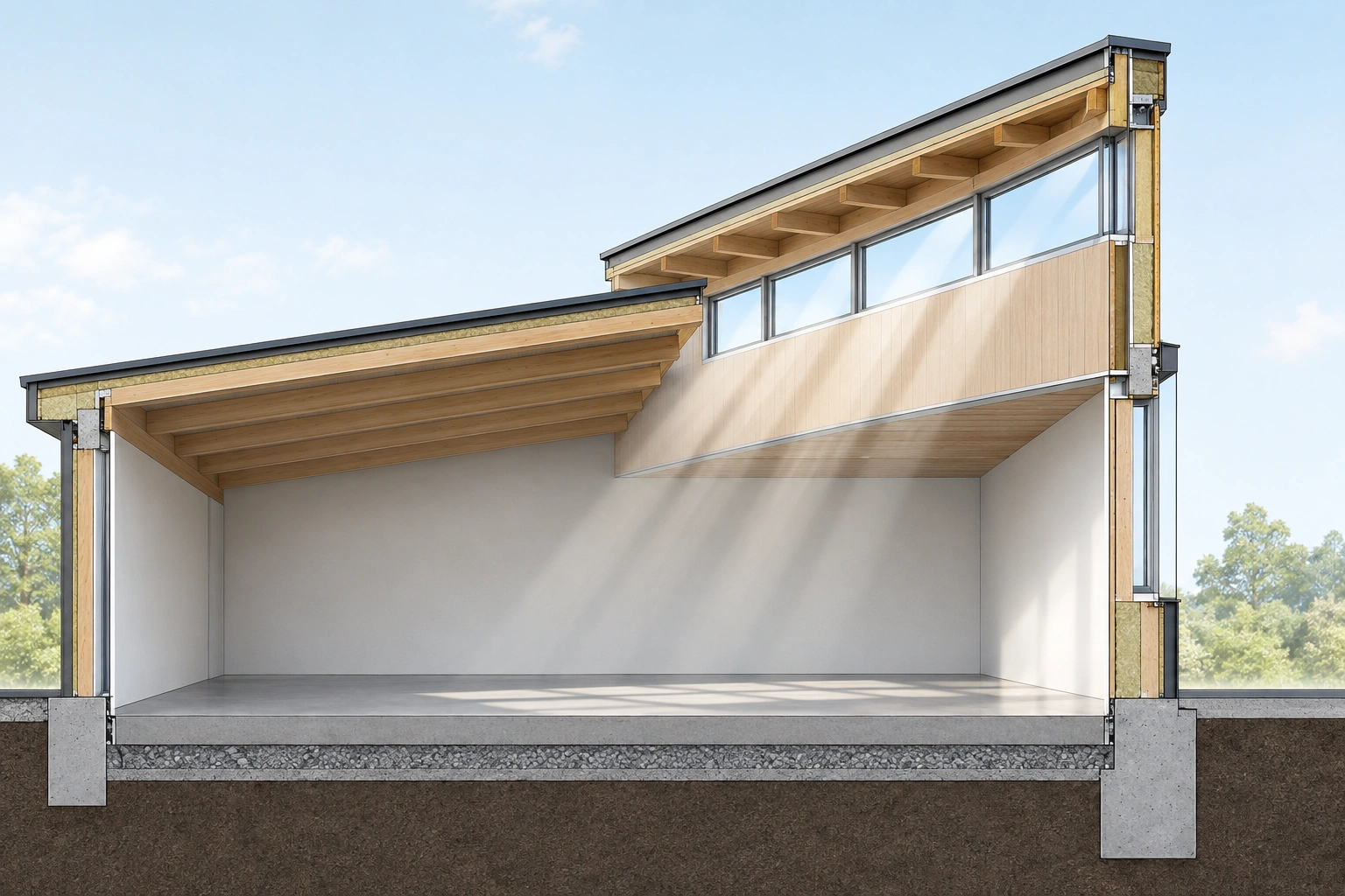 Clerestory roof section showing high windows above a lower roofline