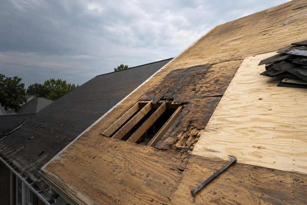 Water-damaged roof decking identified during roof replacement inspection