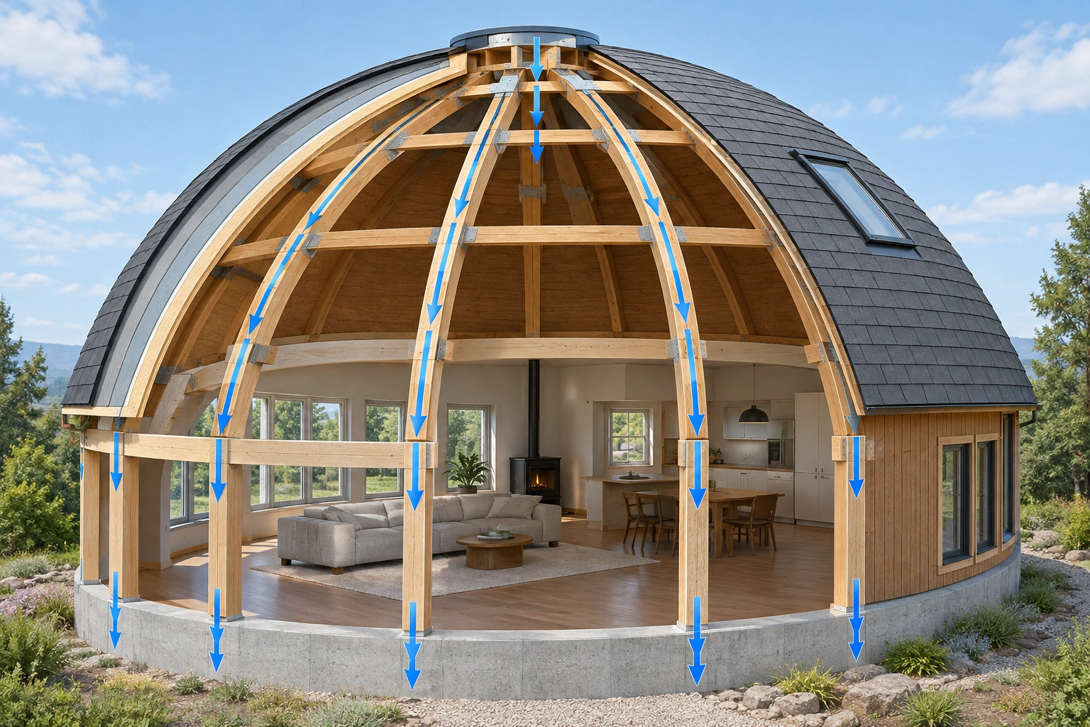 Curved dome roof showing load distribution across the surface