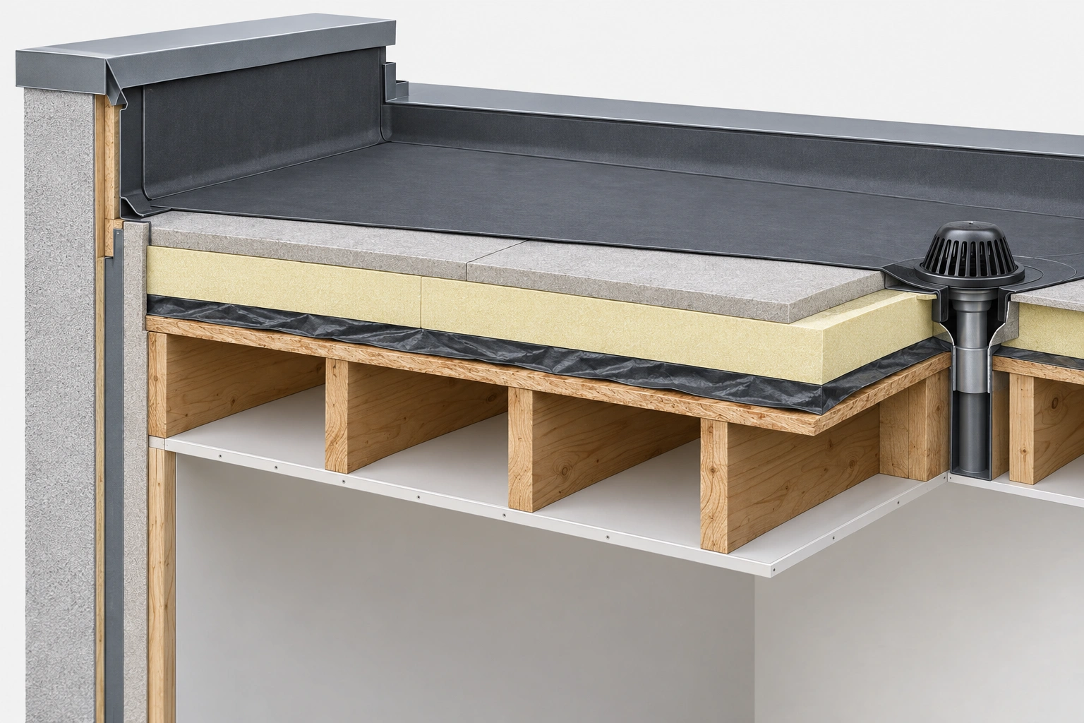 Labeled diagram of a flat roof assembly showing deck insulation membrane and drainage