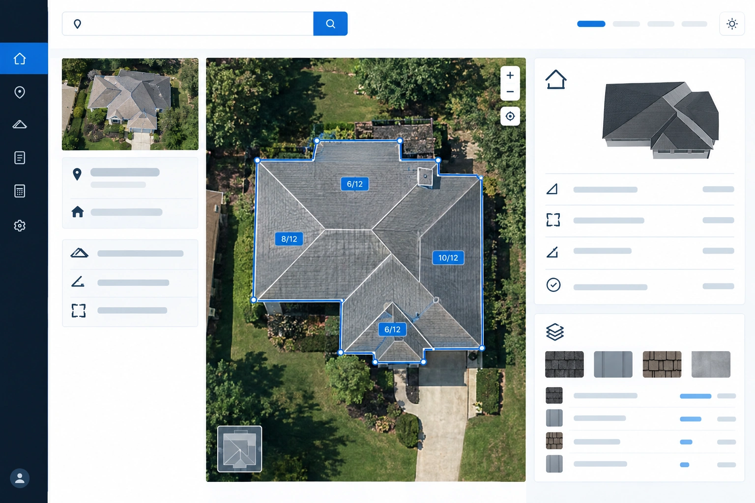 Screenshot of a free online roof measuring tool estimating roof area and price.