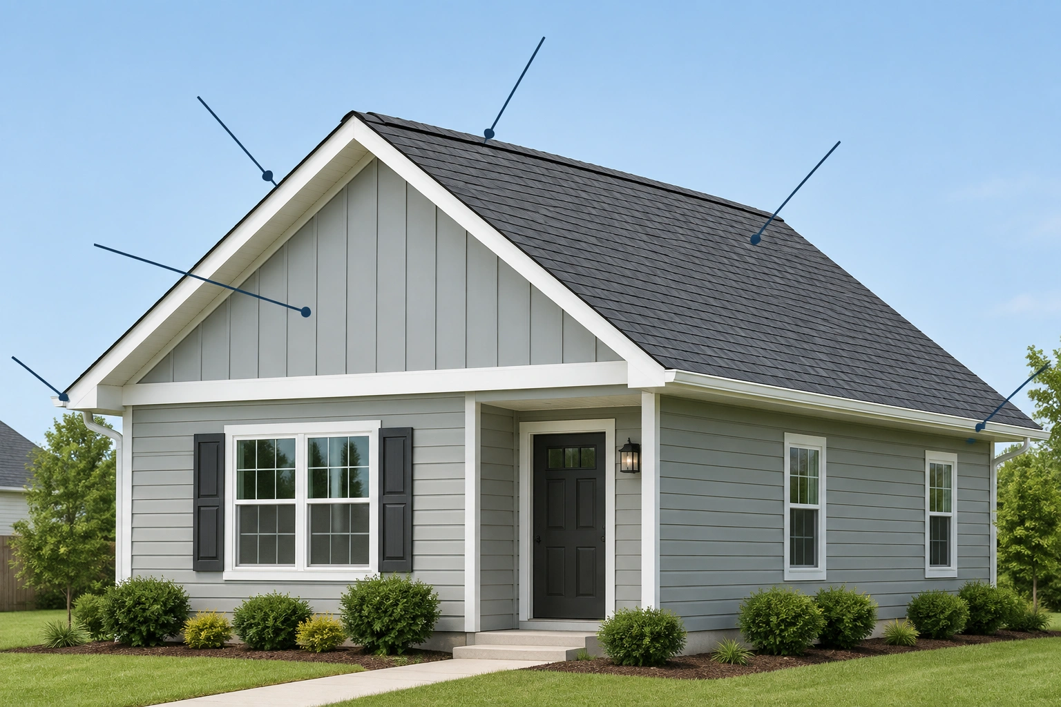 Simple gable roof with two sloping sides and triangular gable ends