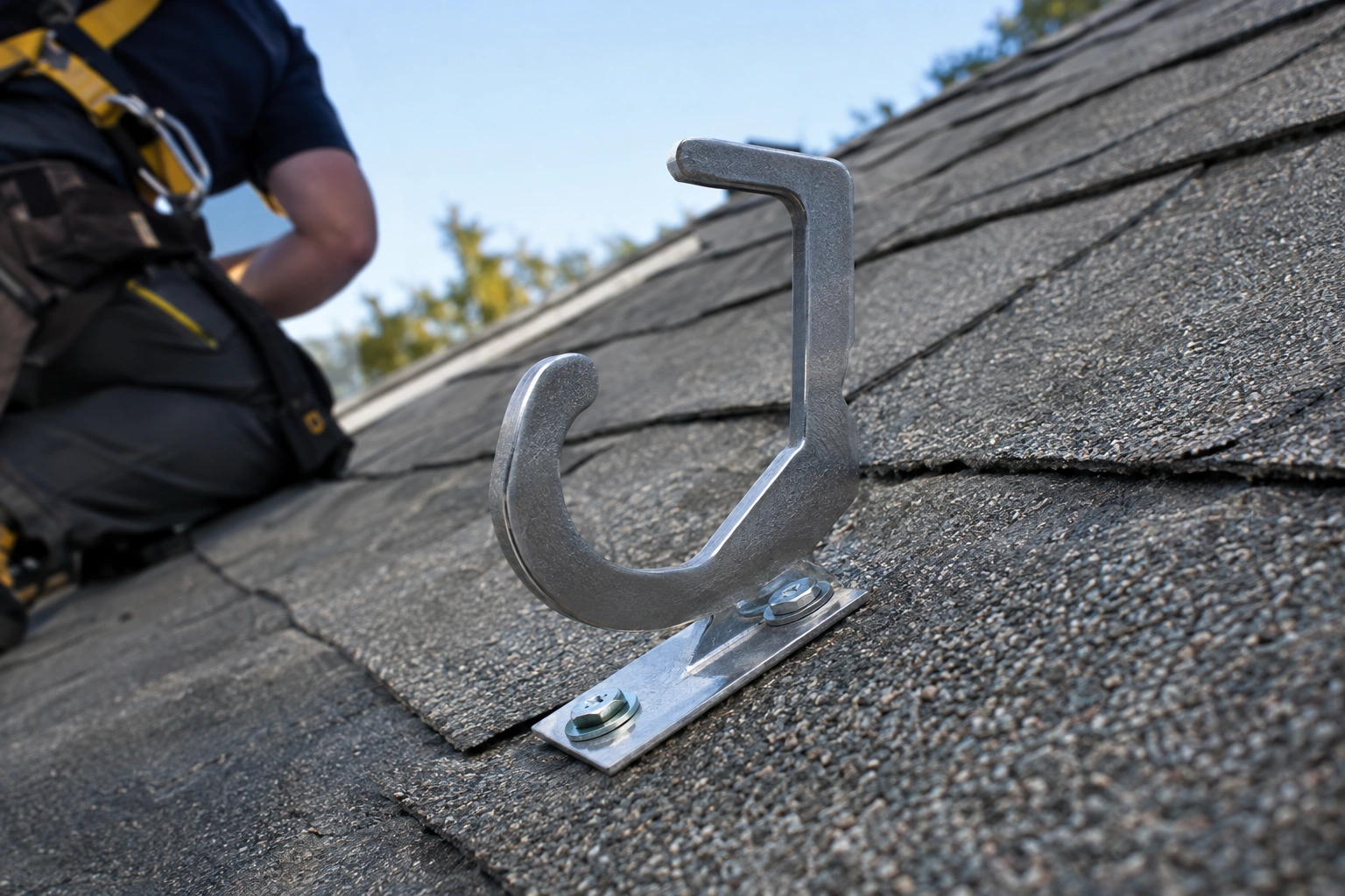 Roofing hook installed on a sloped roof for access and support