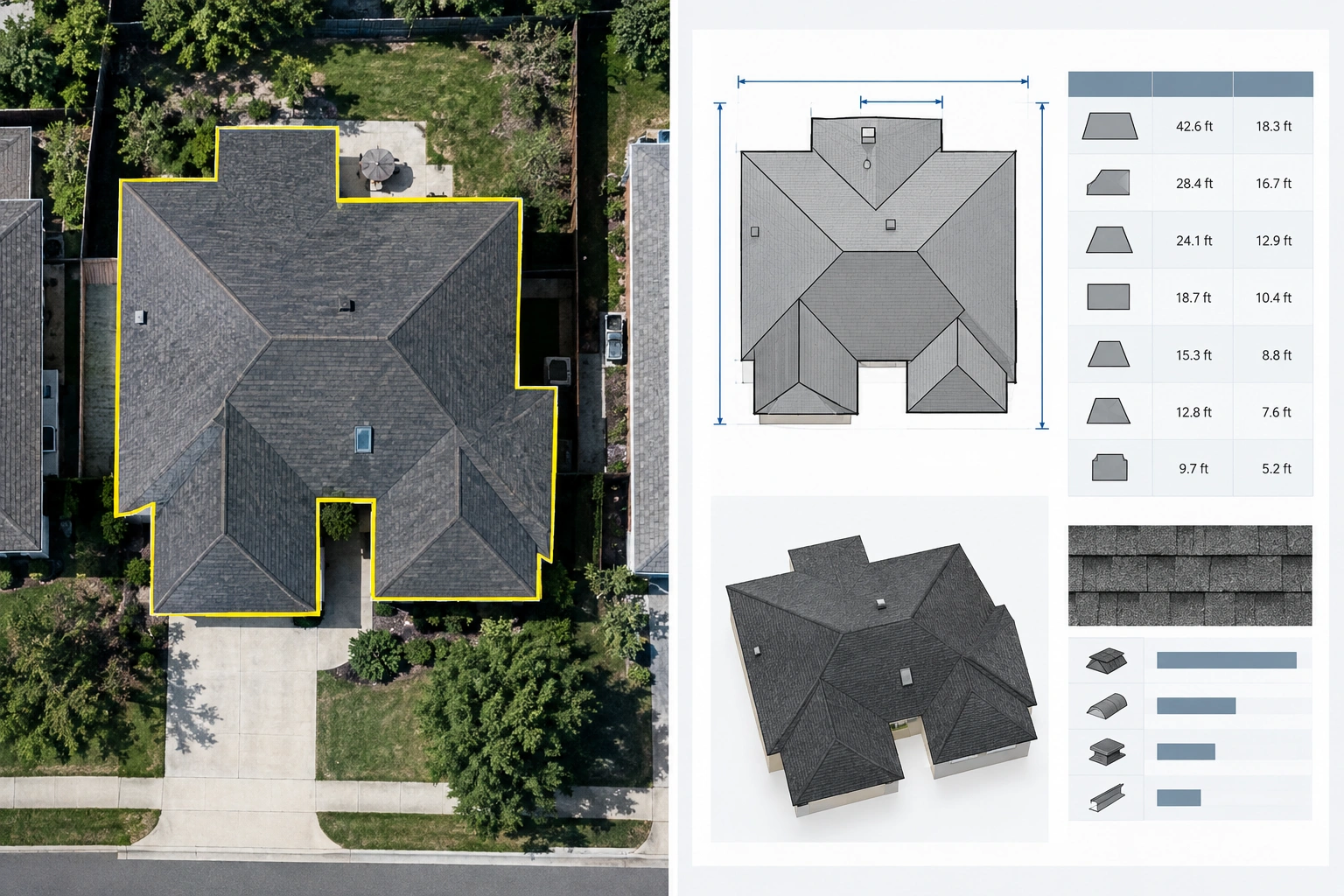 Screenshot-style comparison of a Google Earth roof trace and a professional roof measurement report