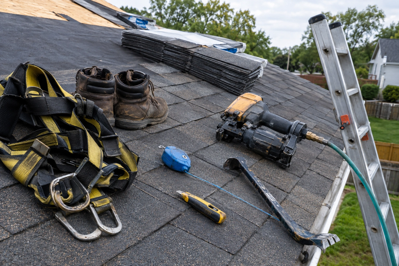Herramientas de roofing y equipo de seguridad sobre un techo inclinado.