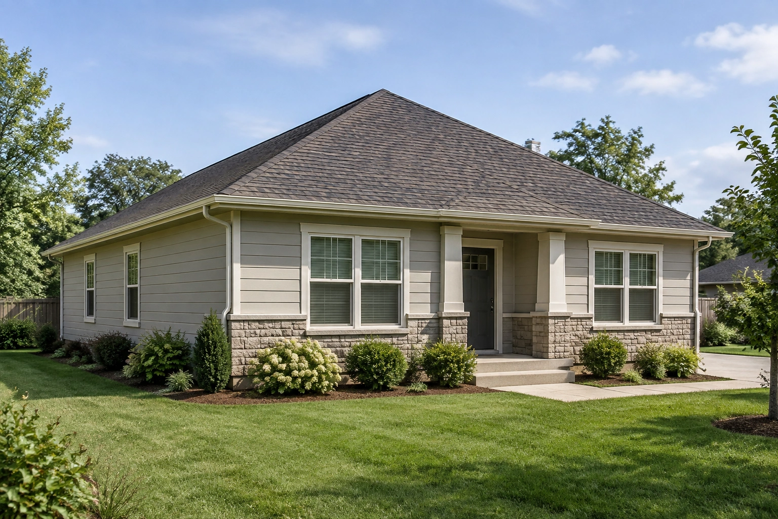 Exterior view of a hip roof with slopes on all sides