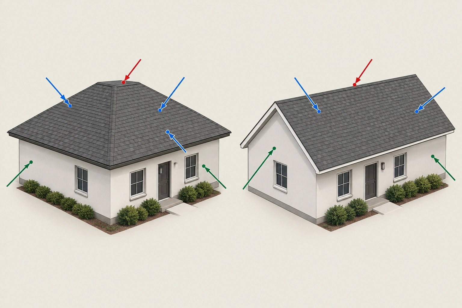 Diagram comparing a hip roof and a gable roof