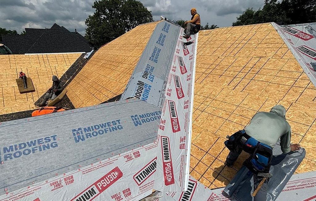 How is underlayment installed during roof replacement on residential plywood decking