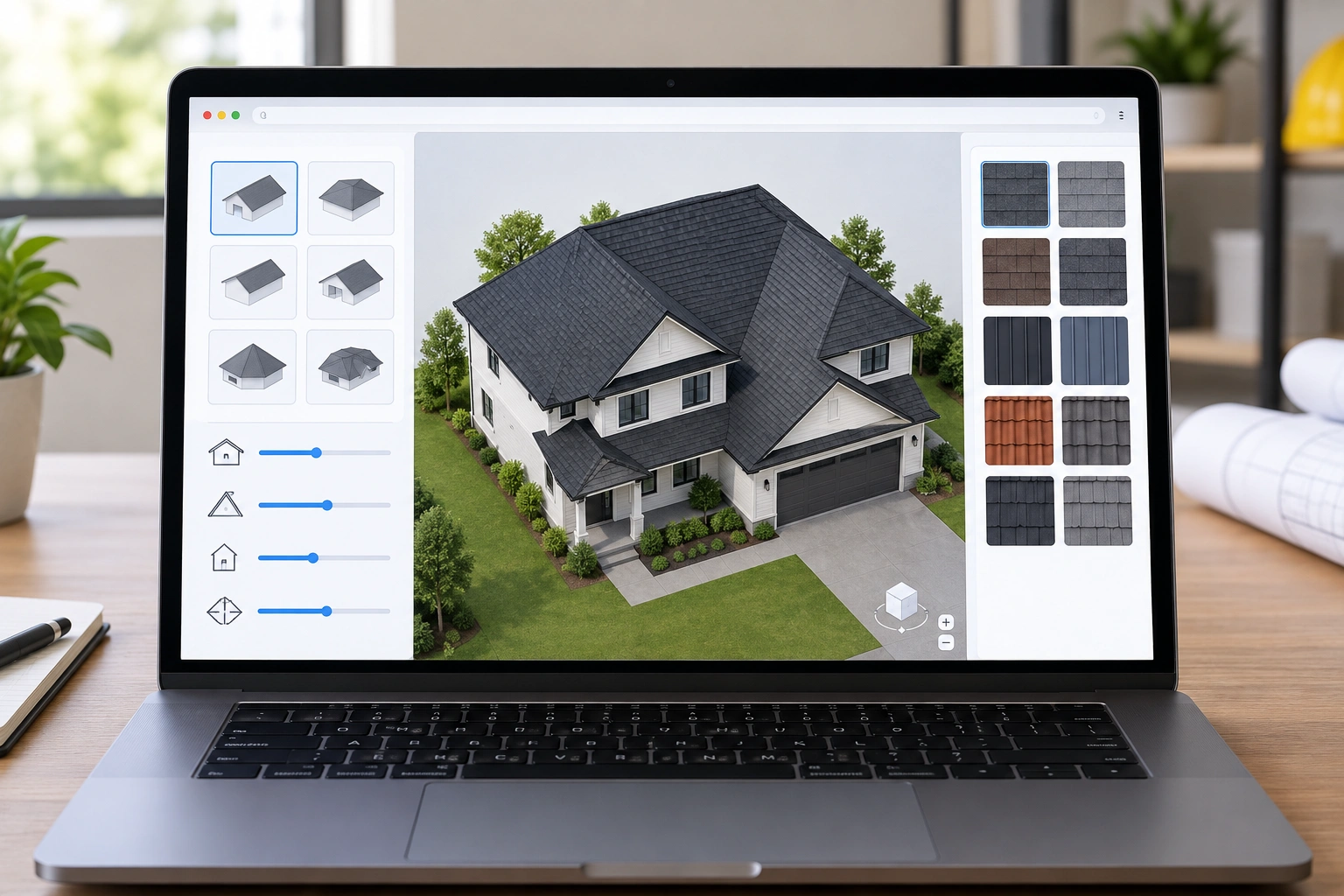 Browser-based roof design tool interface on a laptop