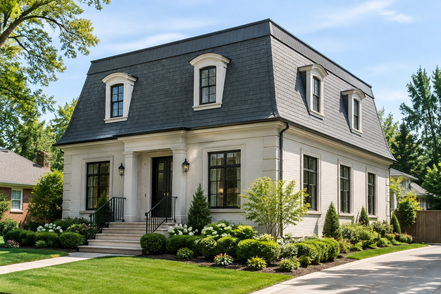 Mansard roof with steep lower slopes and flatter upper slopes